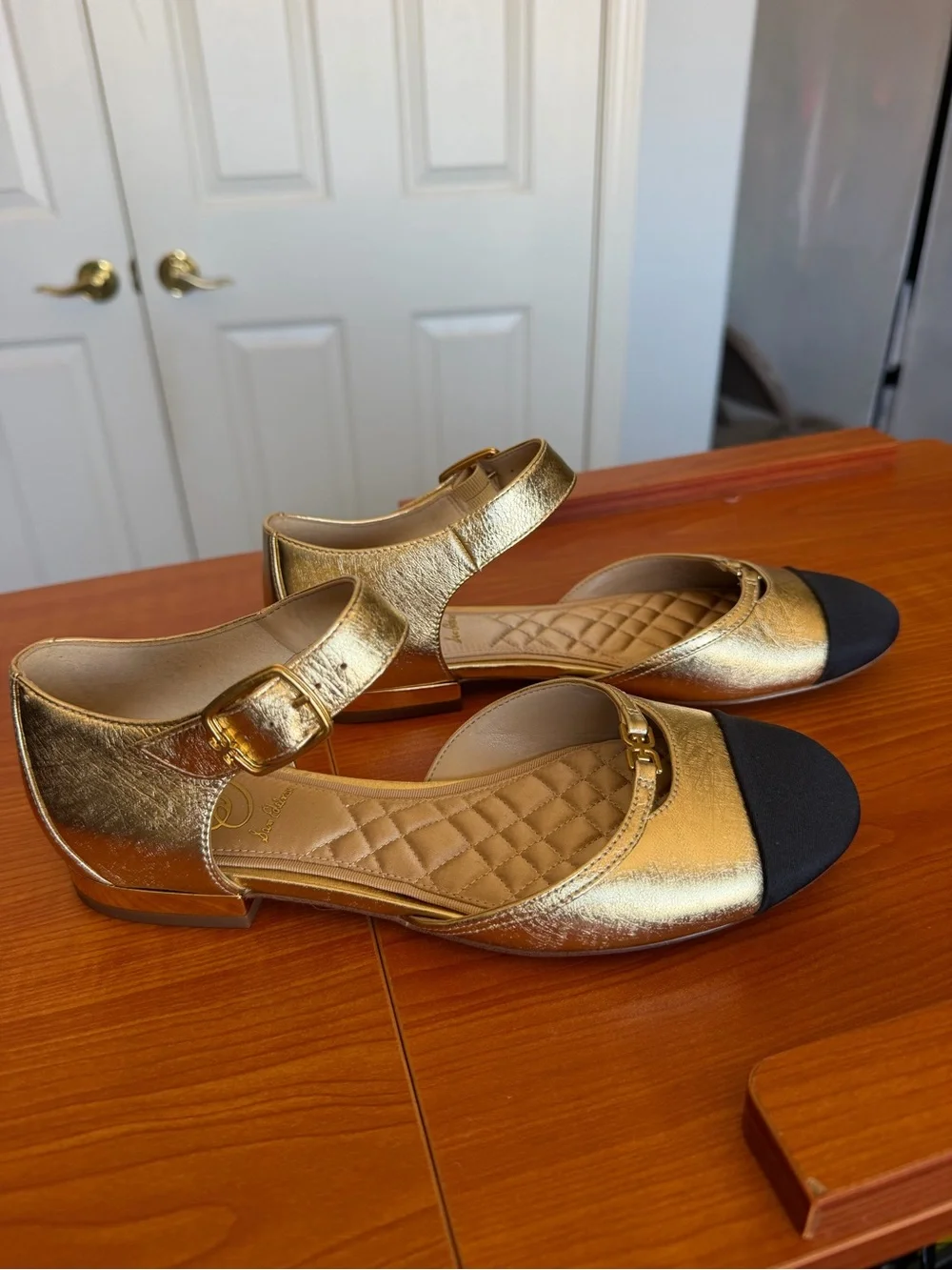 Sam Edelman Gold and Black Quilted Insole Ankle-Strap Flats NWOT